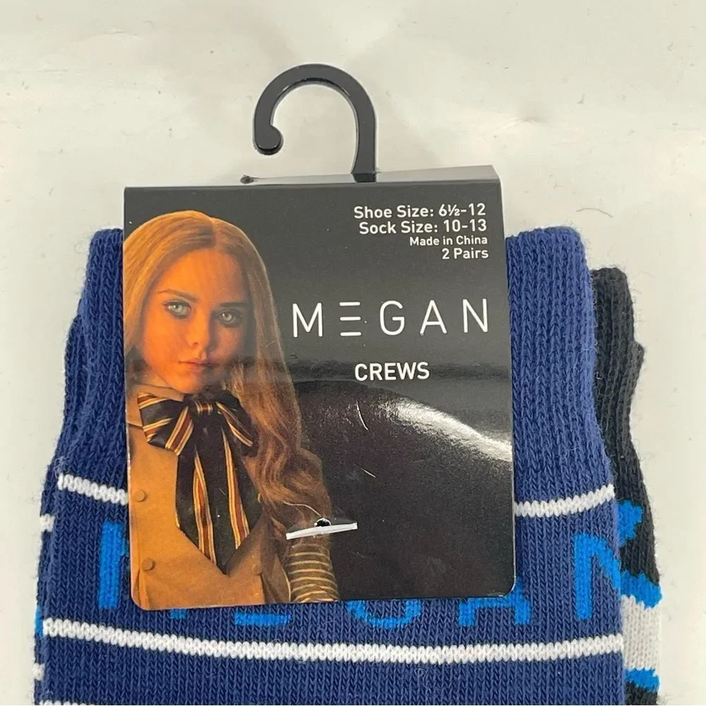 Megan Horror Movie Doll Novelty Blue Striped Long 2-Pair Crew Socks Size 6.5-12
